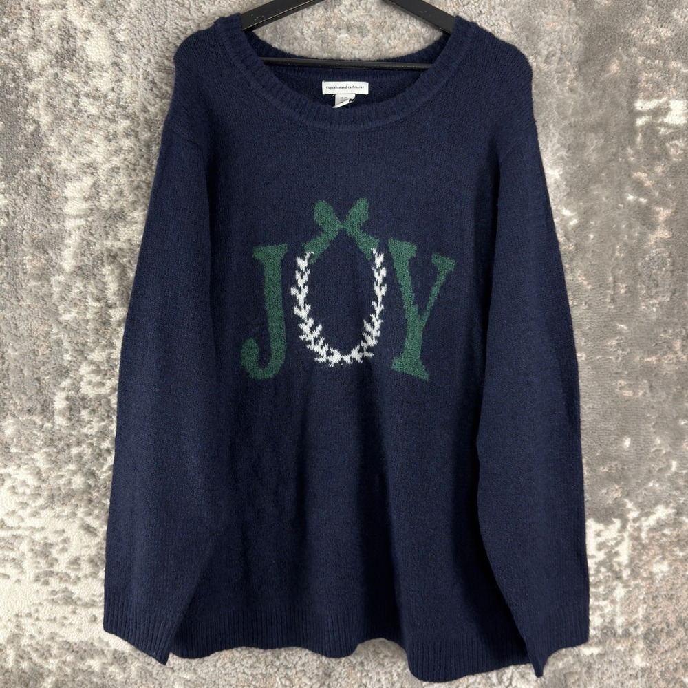 cupcakes and cashmere Size 3X Joy Wreath Graphic Knit Sweater Navy Blue LS Women
